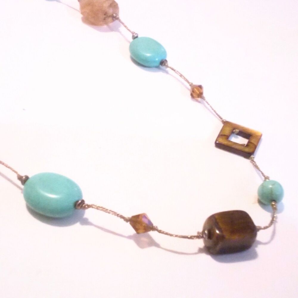 Premier Designs Howlite Tigers Eye Beaded Station Chain Necklace * - Picture 1 of 5